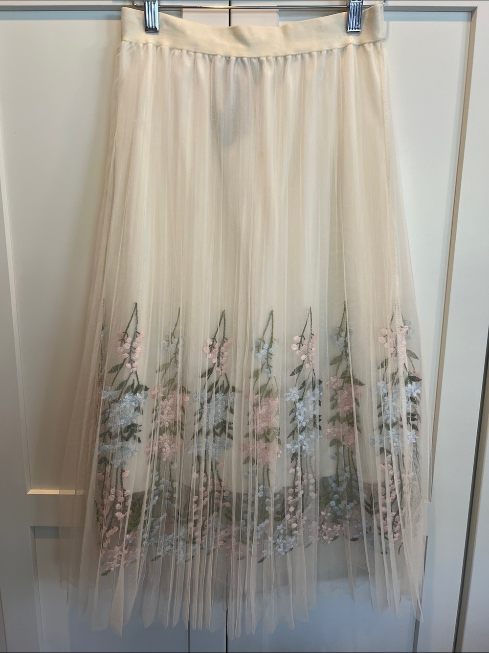 Moon Collection Cream Midi Tulle Skirt with Pink & Blue Floral Embroidery